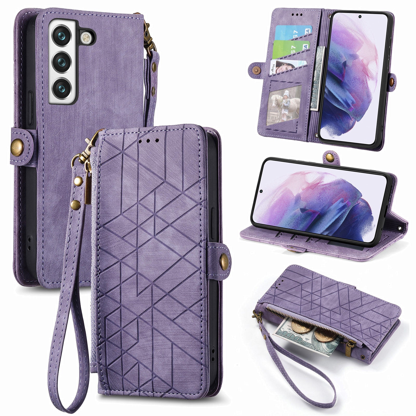 For Samsung Galaxy S22 5G Zipper Pocket Phone Case Geometry Imprinted PU Leather Wallet Stand Cover For Samsung Galaxy S22 5G Zipper Pocket Phone Case Geometry Imprinted PU Leather Wallet Stand Cover